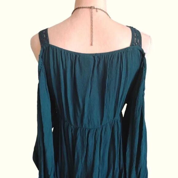 Torrid Teal Gauze Lace Trim Long Sleeve Cold Shoulder Peplum Blouse 2X NWT - Picture 11 of 15